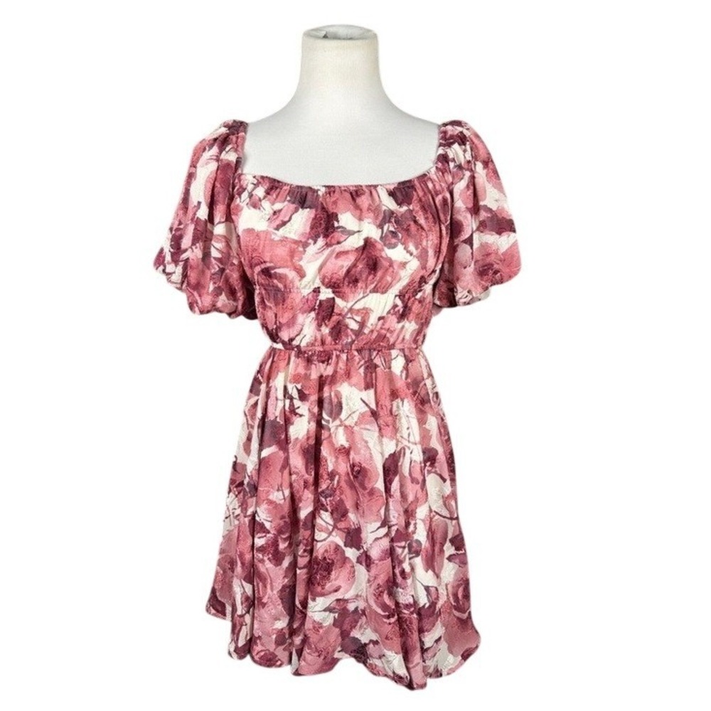 Francesca's Mauve Floral Burnout Mini Dress Smocked Waist Puff Sleeve Small